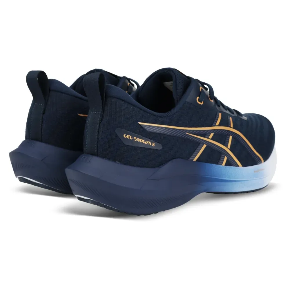 Detalhe do tênis Asics Gel-Shogun 8 masculino azul destacando tecnologia GEL™